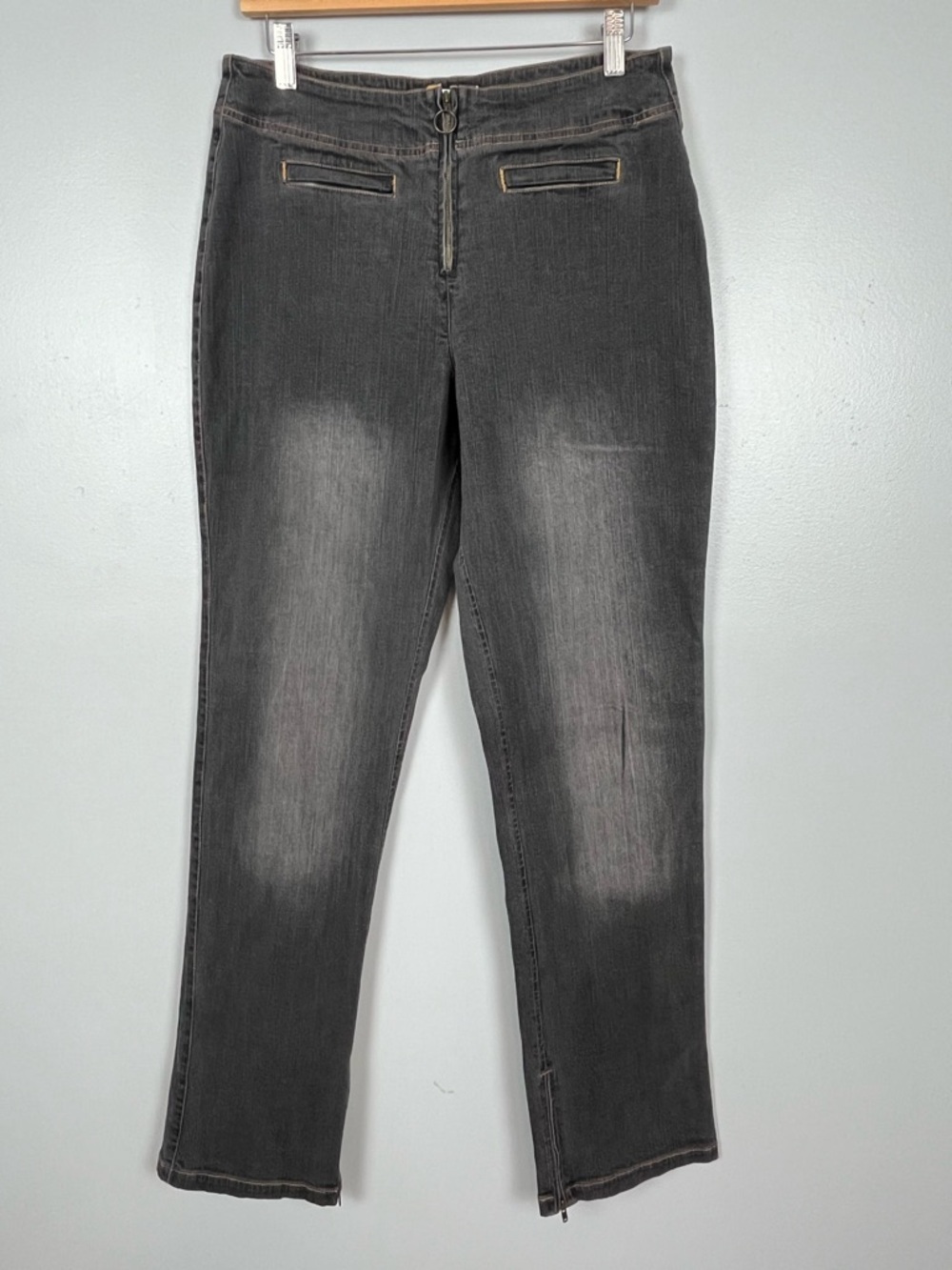 Soft Surroundings dark wash exposed zipper straight leg jeans, size 10.